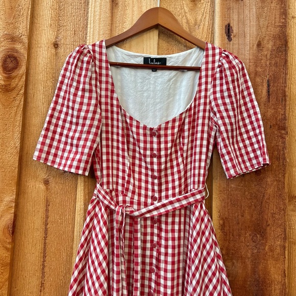 Red Gingham Plaid Button-Up Short-sleeve Midi Dress 🌿 - Picture 7 of 12
